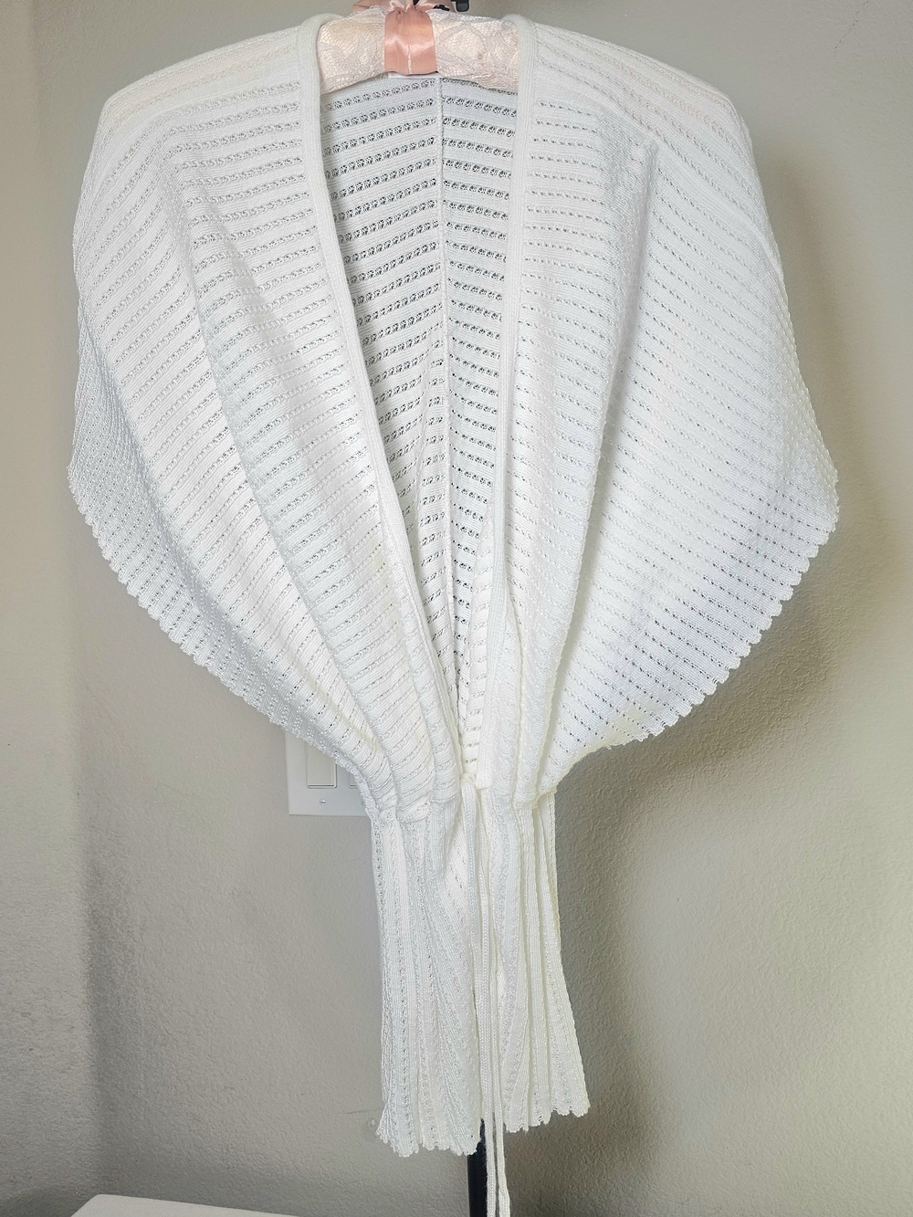 Silhouette White Knit Open-Stitch Robe Wrap